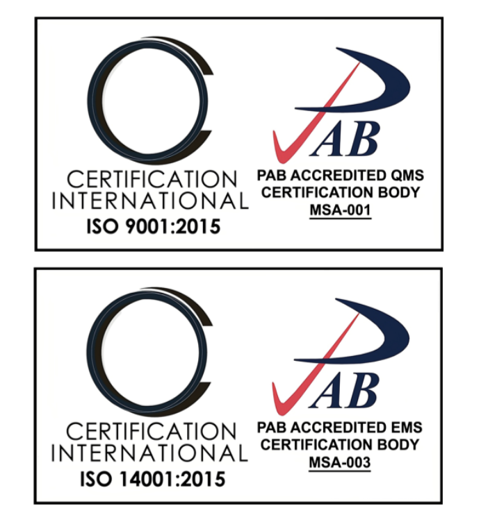 CI Certification Mark combined with PAB MSA Accreditation Symbol for ISO 9001:2015 (MSA-001) and ISO 14001:2015 (MSA-003)