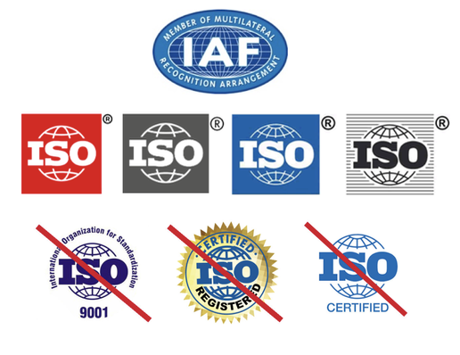 IAF MLA Mark and ISO logos that must not be used by certified organizations as certification marks
